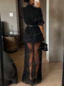 Belted Blazer & Sheer Lace Maxi Dress Two Piece Set