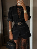 Belted Blazer & Sheer Lace Maxi Dress Two Piece Set