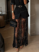 Belted Blazer & Sheer Lace Maxi Dress Two Piece Set