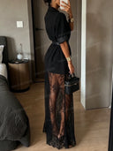 Belted Blazer & Sheer Lace Maxi Dress Two Piece Set