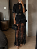 Belted Blazer & Sheer Lace Maxi Dress Two Piece Set