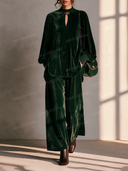 Elegant Velvet Mock Neck Top & Wide Leg Pants Two Piece Set