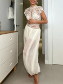 Elegant Lace Bodysuit & Bubble Pants Two-Piece Set