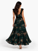 Elegant Floral Print Lace Trim Tiered Maxi Dress