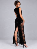 Sexy Velvet Lace Panel Bodycon Maxi Dress