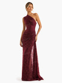Elegant One-Shoulder Lace Draped Maxi Dress