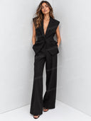 Tailored Blazer Vest Mesh Bodysuit Wide Leg Pants Three Piece Set