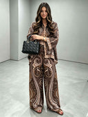Retro Paisley Print Satin Shirt & Wide-Leg Pants Two-Piece Set