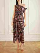 Asymmetric Off‑Shoulder Geometric Print Satin Midi Dress