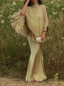 Elegant Fringe Shawl Top & Satin Maxi Skirt Three-Piece Set