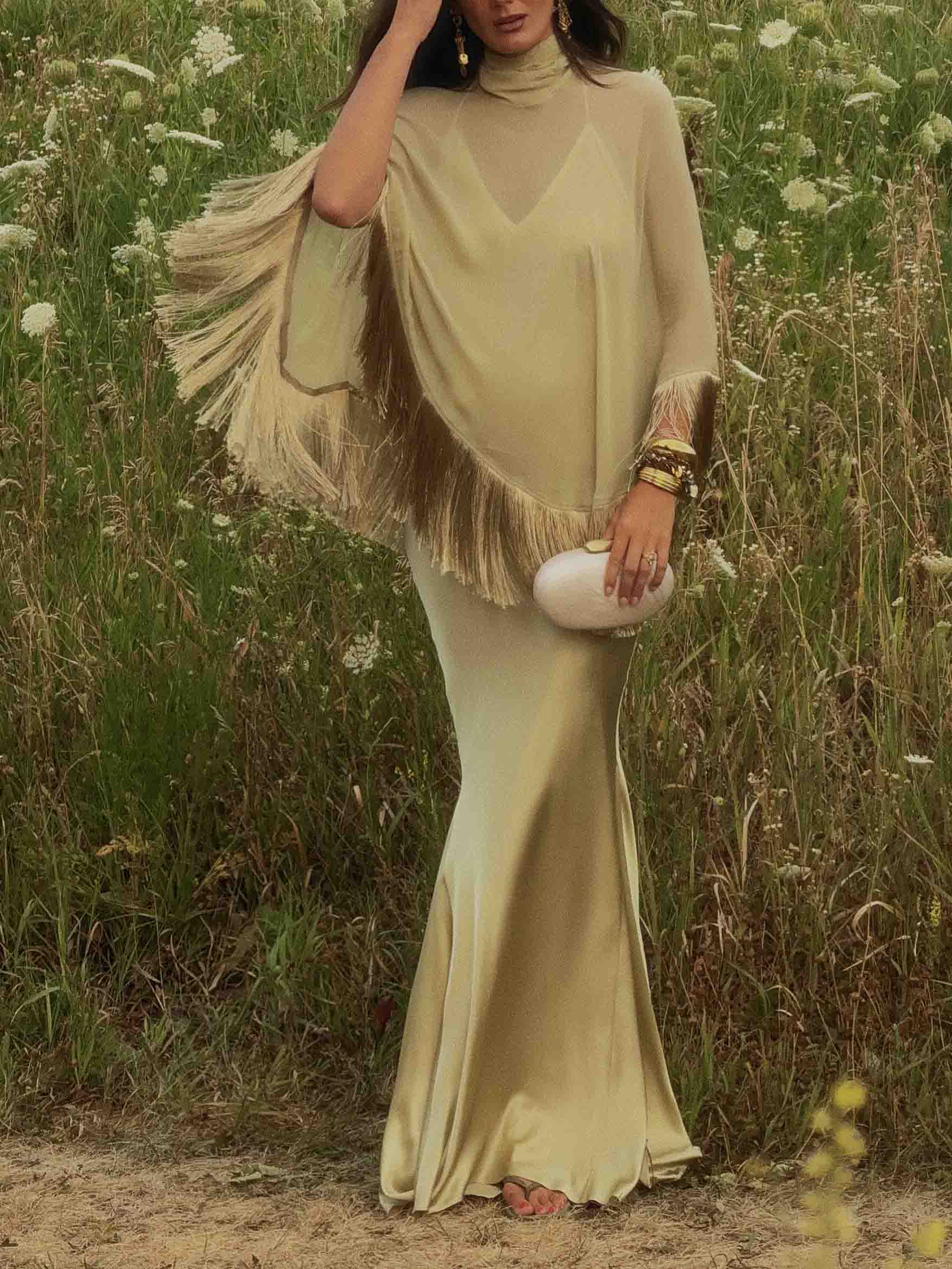 Elegant Fringe Shawl Top & Satin Maxi Skirt Three-Piece Set