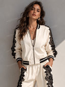 Casual Contrast Lace Bomber Jacket & Wide Leg Pants Two Piece Set