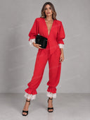 Elegant Lace Trim Blazer & Ruffle Hem Pants Set