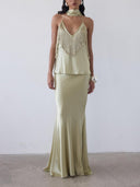 Elegant Fringe Shawl Top & Satin Maxi Skirt Three-Piece Set