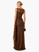 Elegant Floral Embroidered Mesh Ruched Maxi Dress