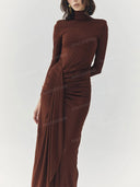 Ruched High Neck Long Sleeve Slit Maxi Dress