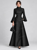 Elegant High Neck Button Front Flared Sleeve Maxi Dress