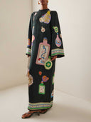 Retro Perfume Bottle Print Long Sleeve Maxi Dress