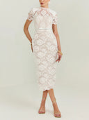 Elegant Floral Lace Belted Midi Dress
