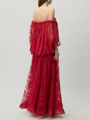 Sexy Braided Trim Deep V-Neck Flowing Lace Maxi Dress