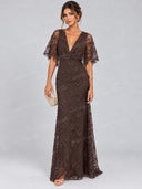 Elegant Floral Lace Mesh Flutter Sleeve Maxi Dress