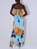 Elegant Floral Print Strapless Pleated Maxi Dress