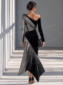 Metallic Color Block Off Shoulder Pleated Maxi Dress