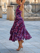 Elegant Abstract Print Halter Tiered Maxi Dress
