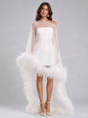 Feather Trim Sheer Cape Mini Dress