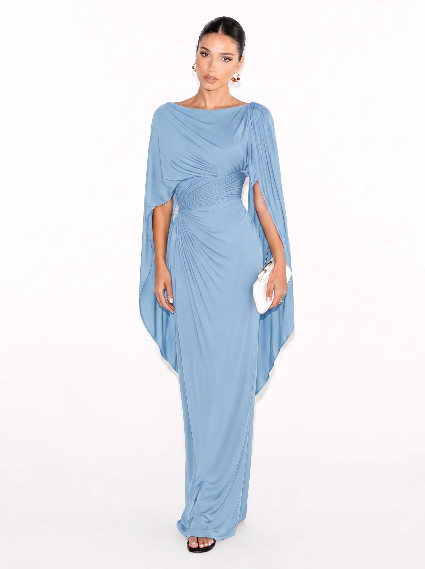 Boat Neck Pleated Slim Fit Maxi Dress