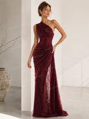 Elegant One-Shoulder Lace Draped Maxi Dress