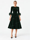 Elegant Velvet Feather Cuff Midi Dress