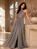 Elegant High-Neck Ruched Cut-Out Flowing Maxi Dress