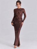 Elegant Lace Long Sleeve Ruched Waist Maxi Dress