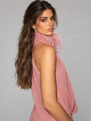 Elegant Feather Trim Halter Draped Maxi Dress