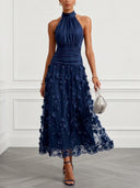 Elegant Halter Ruched 3D Floral Mesh Midi Dress