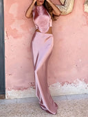 Elegant Ruched Halter Crop Top & Satin Maxi Skirt Two-Piece Set