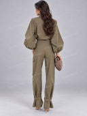 Button-Up Cropped Jacket & High-Waist Cargo Pants Set