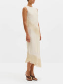 Elegant Beige Satin Fringe Sleeveless Midi Dress