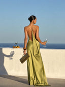 Elegant Green Draped Neckline Maxi Dress
