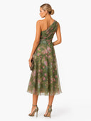 Elegant Floral Print One-Shoulder Chiffon Ruffle Midi Cocktail Dress