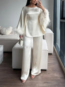 Elegant Feather-Trim Batwing Top & Pants Two-Piece Set