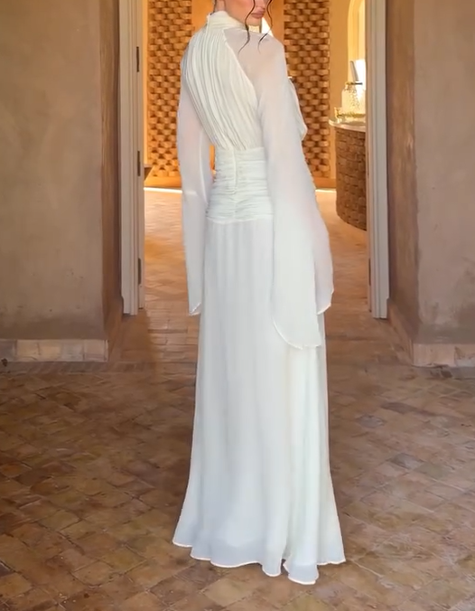 Elegant High Neck Ruched Waist Long Sleeve Maxi Dress
