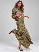 Elegant Plaid Print Jacket & Asymmetric Midi Skirt Two Piece Set