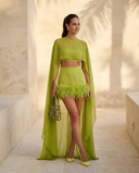 Elegant Feather Trim Sheer Cape Cover-Up Three-Piece Set