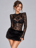 Elegant Lace Faux Fur Long Sleeve Mini Dress