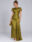 Elegant Satin Ruched Short Sleeve Maxi Dress