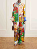 Unique Abstract Graffiti Animal Print Satin Two-Piece Set