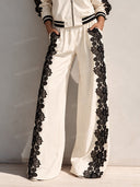 Casual Contrast Lace Bomber Jacket & Wide Leg Pants Two Piece Set