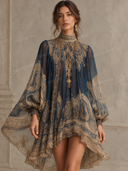 Elegant Vintage Print High Neck Flowy Mini Dress